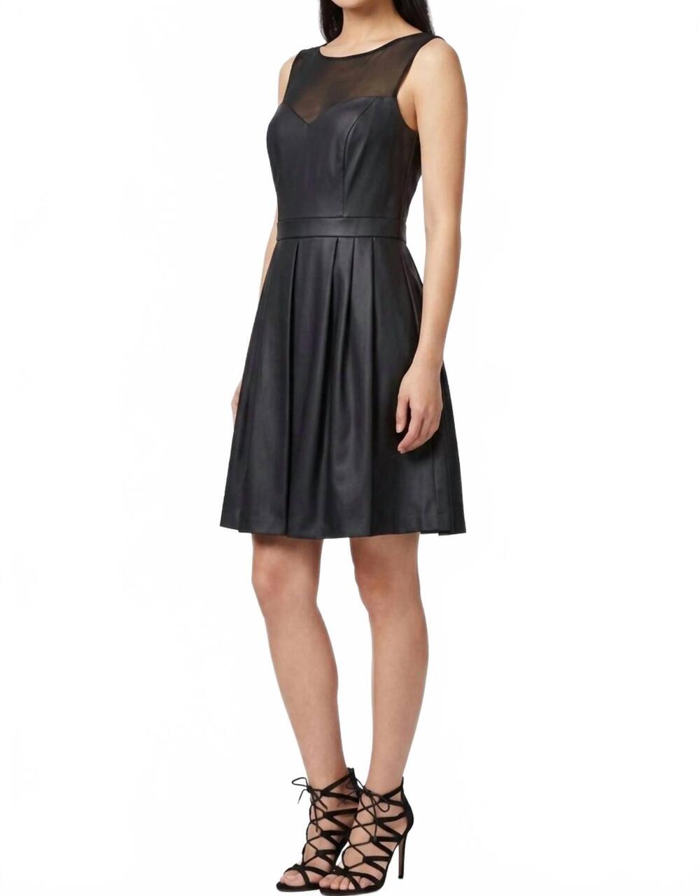 NEW ALI RO illusion mesh faux-leather fit and flare party dress in black
